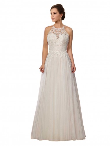 Shop Illusion Halter Lace Boho Wedding Dress with Plunging Sweetheart Bodice Montreal