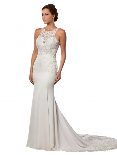 Shop Modern Deep V-Neck Sheath Lace Wedding Dress with Open V-Back Montreal