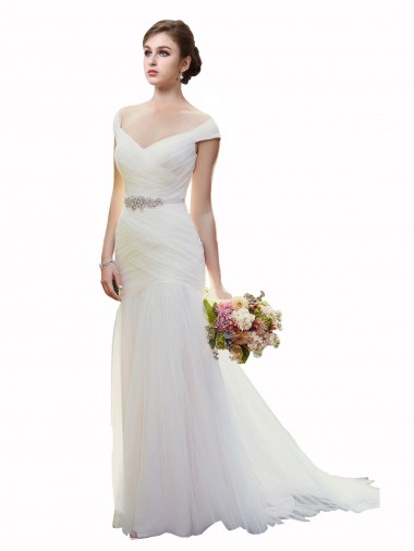 Shop Cap Sleeves Off the Shoulder Ruched Mermaid Tulle Beach Wedding Dress Montreal