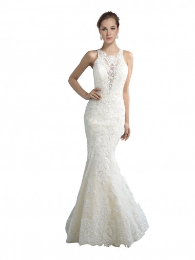 Shop Deep Illusion Neck Mermaid Tulle Beach Wedding Dress with All Over Lace Montreal