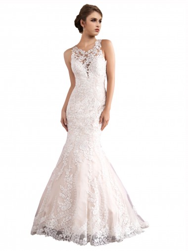 Shop Illusion Neck Fit and Flare Tulle Wedding Dress with All Over Lace Montreal
