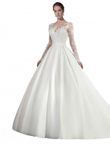 Shop Long Sleeves Illusion Neck A-Line Satin Wedding Dress with Lace Bodice Montreal