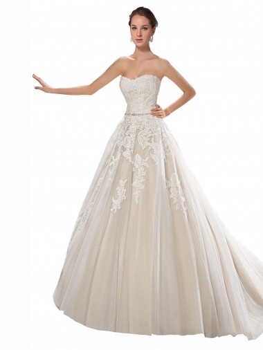 Shop Strapless Ball Gown Tulle Wedding Dress with Lace Cascades Montreal