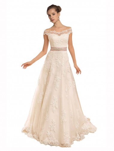 Shop Off the Shoulder Illusion Back A-Line Lace Beach Wedding Dress Montreal