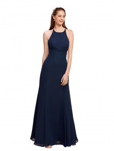 Shop High Halter Fit and Flare Long Chiffon Bridesmaid Dress / Prom Dress with Criss Cross Low Back Montreal