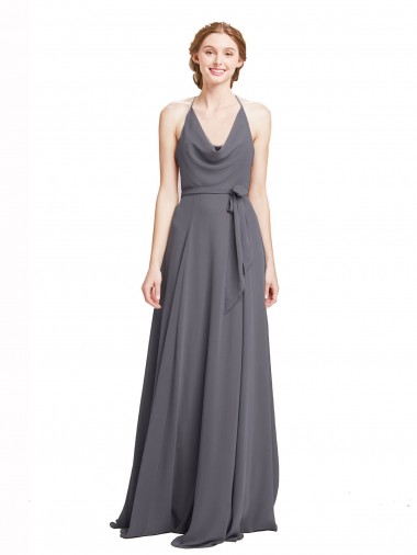 Shop Spaghetti Strap Long Chiffon Bridesmaids Dress with Halter Cowl Neck Montreal