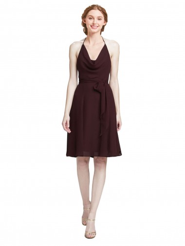 Shop Short Knee Length Chiffon Bridesmaids Dress with Halter Cowl Neck Montreal
