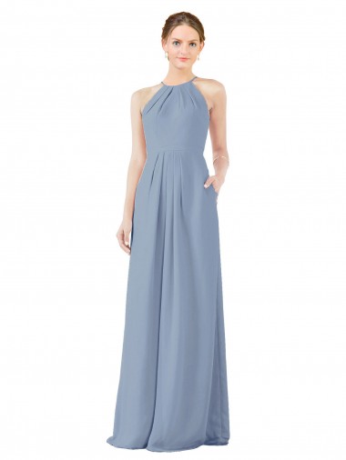 Shop Fitted Long High Halter Neck Chiffon Bridesmaid Dress with Keyhole Back Montreal
