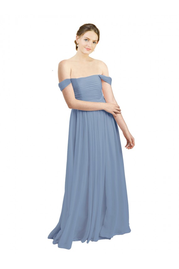 Long Floor Length Chiffon Bridesmaid Dress with Fluttering Off the Shoulder Straps
