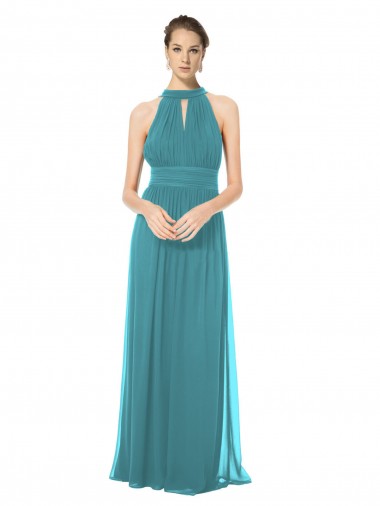 Shop Ruched Long Chiffon Halter Bridesmaid Dress with Tie Back and Tails Montreal