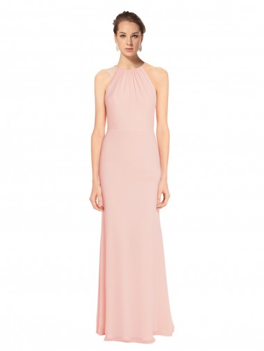 Shop High Neck Long Chiffon Halter Bridesmaid Dress with Drape Chiffon Overlay Montreal