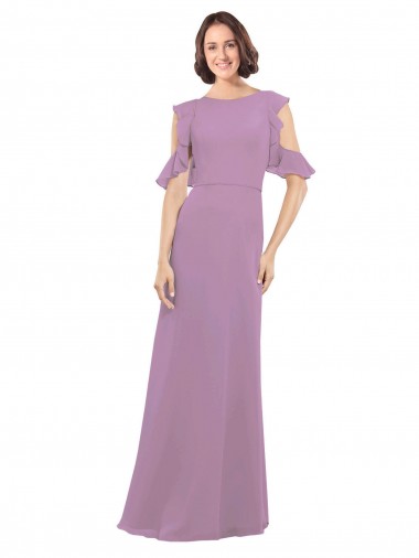 Shop Long Chiffon Bridesmaids Dress with Flounced Sleeve Detail and Criss Cross Back Montreal