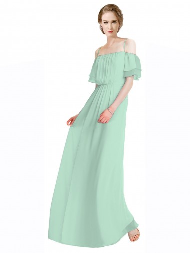 Shop Spaghetti Straps Long Chiffon Off-The-Shoulder Bridesmaid Dress with Double Flounce Sleeves Montreal
