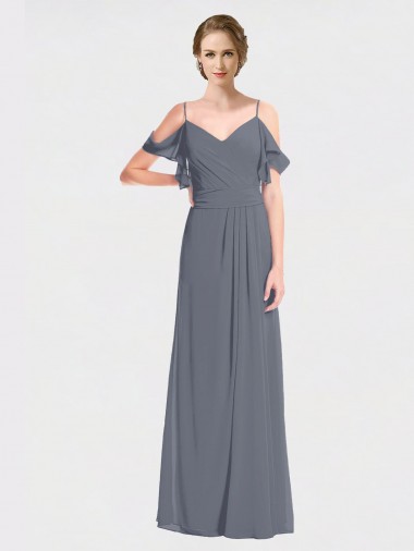 Shop Long Chiffon Spaghetti Strap V-Neck Bridesmaid Dress with Off-The-Shoulder Flutter Sleeves Montreal