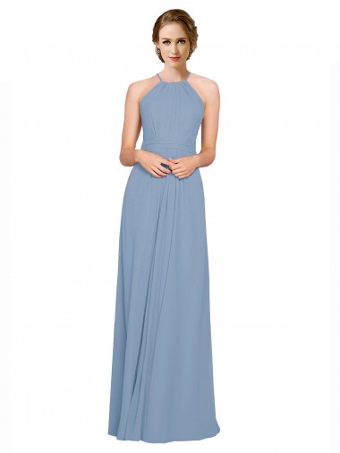 Shop Pleated Halter Neckline A-Line Chiffon Bridesmaid with Criss Cross Back Montreal