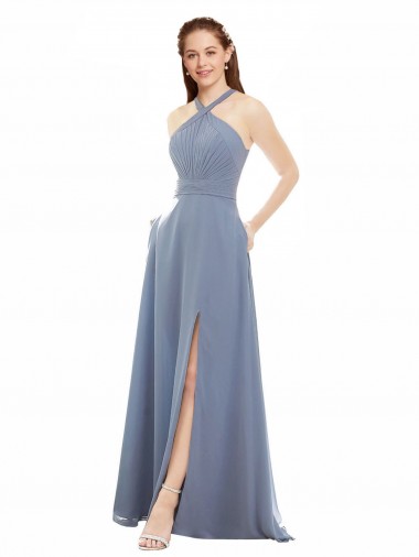Shop High Neck Chiffon Bridesmaid Dress with Draped Bodice & Pockets Montreal