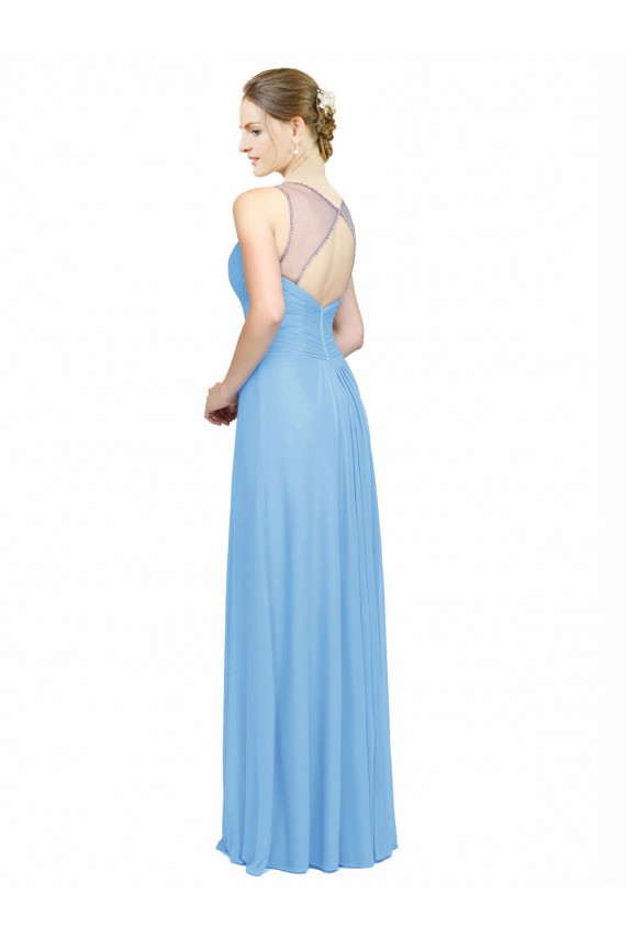 Double Straps Shoulder V-Neck Sheath Chiffon Bridesmaid Dress with Keyhole Back