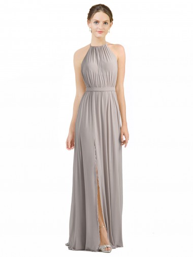 Shop Backless Halter Chiffon Bridesmaid Dress with Front Slit and Tie Open Back Montreal