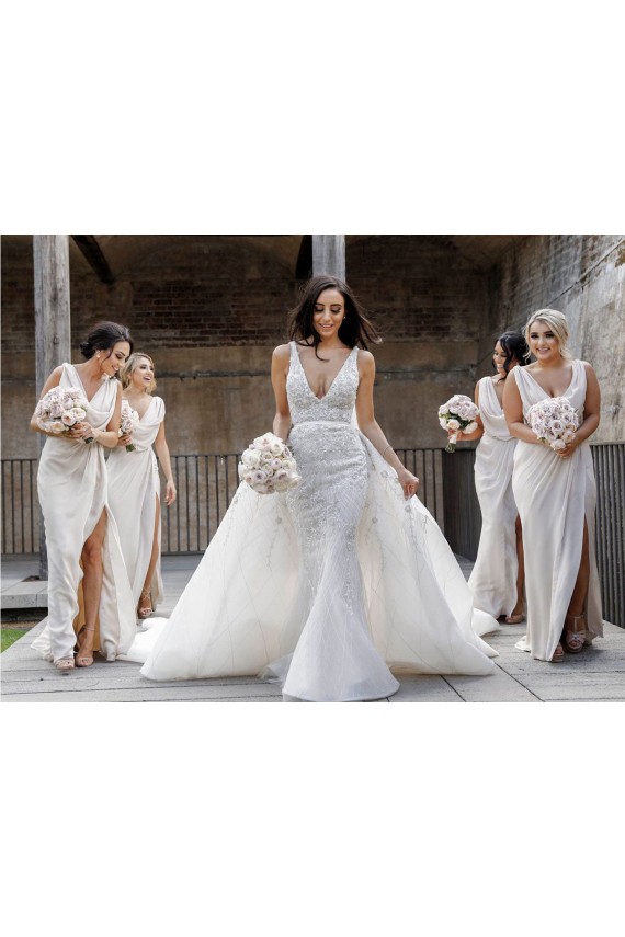Chiffon Long Champagne Bridesmaid Dress with Sexy High Slit and Front Ruffles
