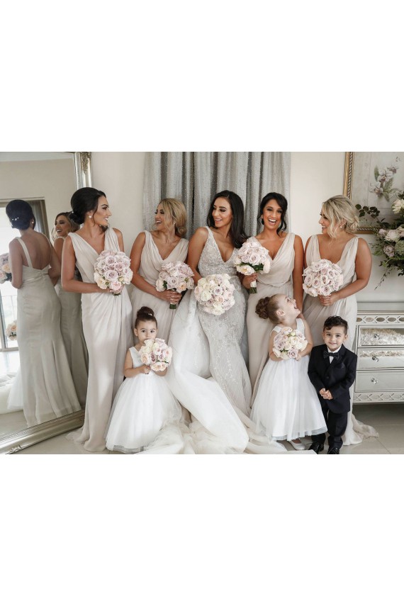 Chiffon Long Champagne Bridesmaid Dress with Sexy High Slit and Front Ruffles