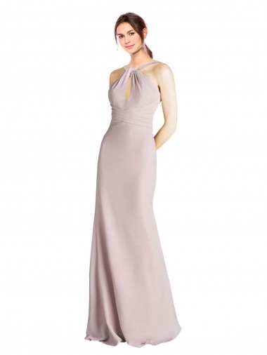 Shop Long Slim Chiffon Bridesmaid Dress with Ruffled Waist and Keyhole Montreal