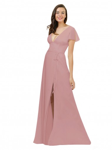 Shop Flutter Sleeves Short Chiffon Bridesmaid Dress with Tie Belt Montreal