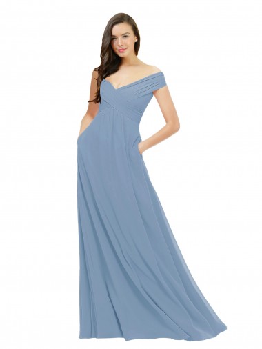 Shop Chiffon Bridesmaid Dress with Classic Off the Shoulder Neckline Montreal