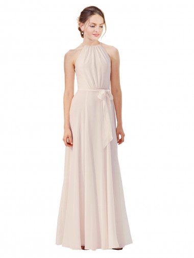 Shop Tie Neck Long Chiffon A-Line Bridesmaid Dress with Sheer Back Montreal