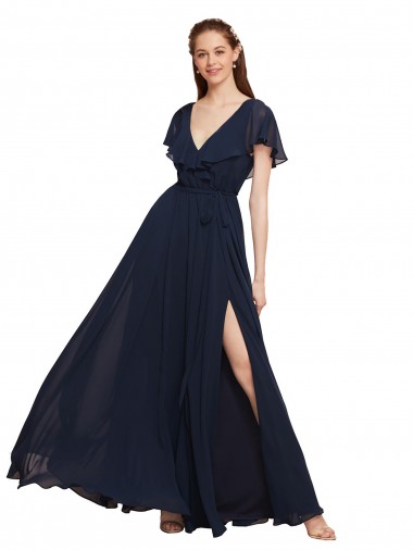 Shop Long V-Neck Chiffon Bridesmaid Dress with Slit and V-Back Montreal