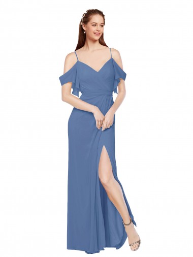 Shop Mock-Wrap Off the Shoulder Long Chiffon Bridesmaid Dress with Side Slit Montreal