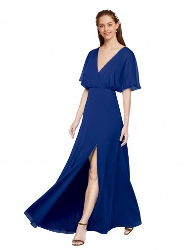 Shop V-Neck Long Chiffon Bridesmaid Dress with Dolman Sleeved Bodice and Slit Montreal
