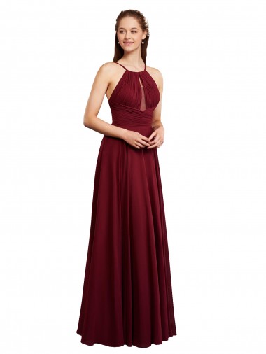 Shop Long A-Line Halter Neck Chiffon Bridesmaid Dress with Draped Bodice Montreal