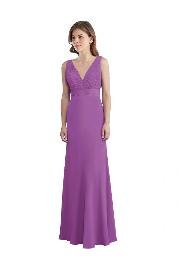 V-Shaped Neckline Long Chiffon Bridesmaid Dress with Cascading Ruffles Back