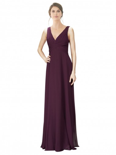 Shop Long Chiffon Bridesmaid Dress with Ruched Criss Cross V-Neck Bodice Montreal