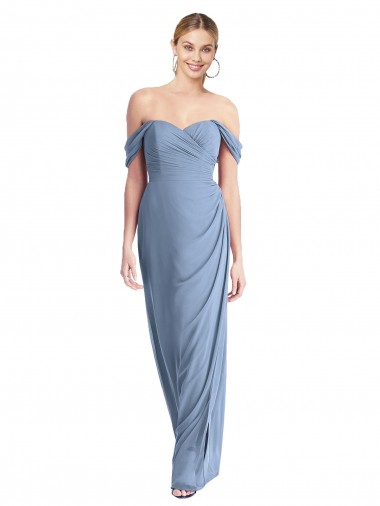 Shop Full Length Draped Off the Shoulder Maxi Bridesmaid Dress with Shirred Streamer Montreal