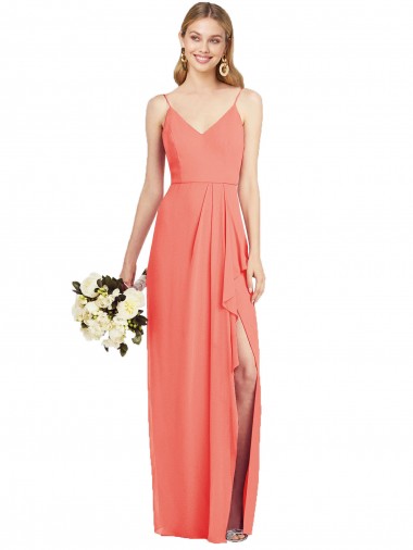 Shop Spaghetti Strap Draped Skirt Chiffon Bridesmaid Dress with Front Slit Montreal