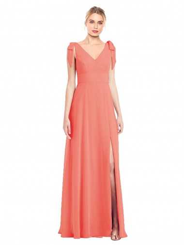 Shop Full Length Bow-Shoulder V-Back Chiffon Bridesmaid Dress with Front Slit Montreal