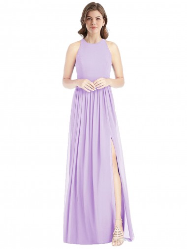 Shop Shirred Skirt Jewel Neck Halter Chiffon Bridesmaid Dress with Front Slit Montreal