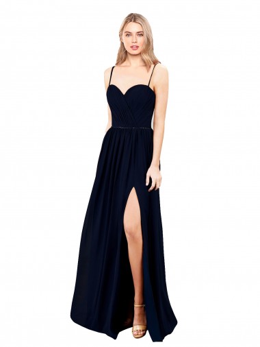 Shop Draped A-Line Chiffon Formal Bridesmaid Dress with Spaghetti Straps and High Slit Montreal
