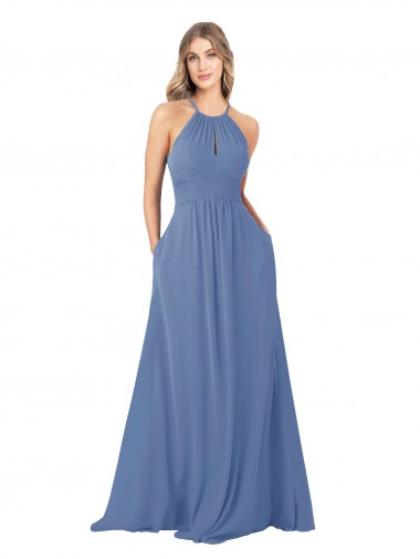 Shop Draped High Neck Keyhole Back Bridesmaid Dress with Front Slit Montreal