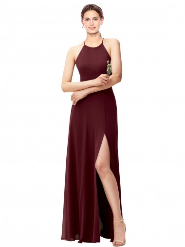 Shop Slim Long High Halter Neck Chiffon Bridesmaid Dress with High Side Slit Montreal