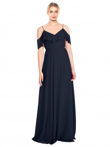 Shop Draped Sleeves Flounce Neckline Long Chiffon Bridesmaid Dress with Spaghetti Straps Montreal