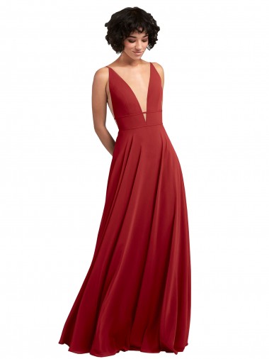 Shop Fitted Plunging Deep V-Neck Long Chiffon Bridesmaid Dress with V-Back Montreal