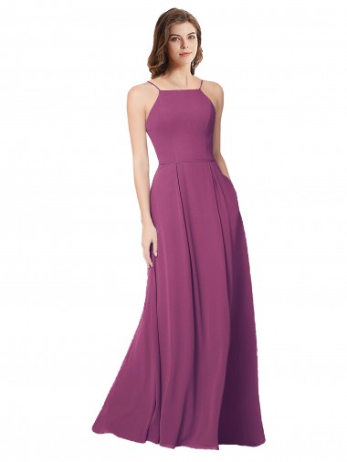Shop Halter Neck Long Pleated Chiffon Bridesmaid Dress with Pockets Montreal