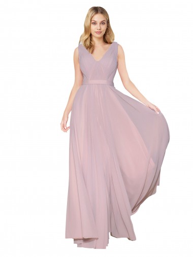 Shop Draped V-Neck Long Chiffon Bridesmaid Dress / Formal Prom Dress with Shirred Bodice Montreal