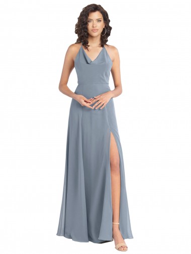 Shop Slim A-Line Cowl Neck Long Chiffon Bridesmaid Dress with Side High Slit Montreal