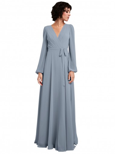 Shop Wrap Style Long Sleeves Chiffon Bridesmaid Dress with Pleated Bodice Montreal