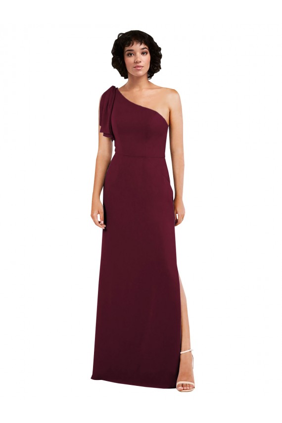 One Shoulder Chiffon Formal Bridesmaid Dress with Skirt Slit and Accent Strap