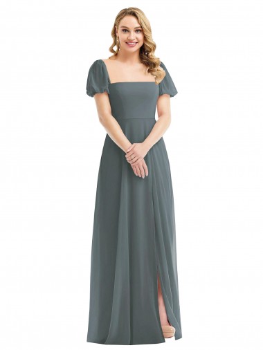 Shop Puff Sleeves Chiffon Maxi Bridesmaid Dress with Front Slit Montreal