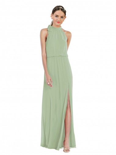 Shop High Neck Scarf Tie Blouson Bodice Maxi Bridesmaid Dress with Front Slit Montreal